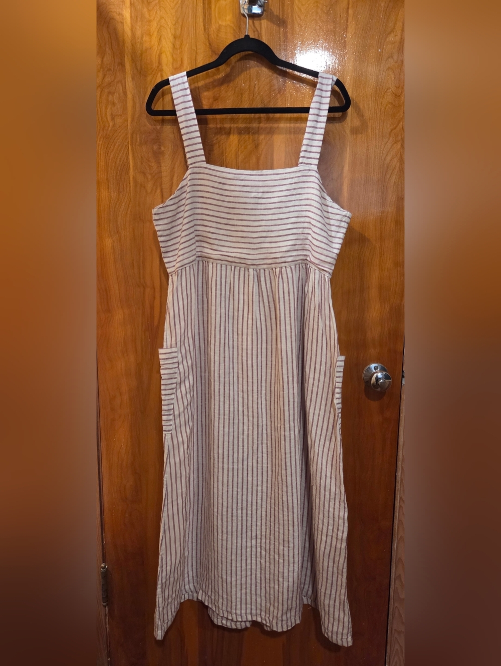 NWT Artisan NY 100% Linen Striped Beige Button-Front Midi Dress w/pockets Sz 12 - Picture 2 of 4